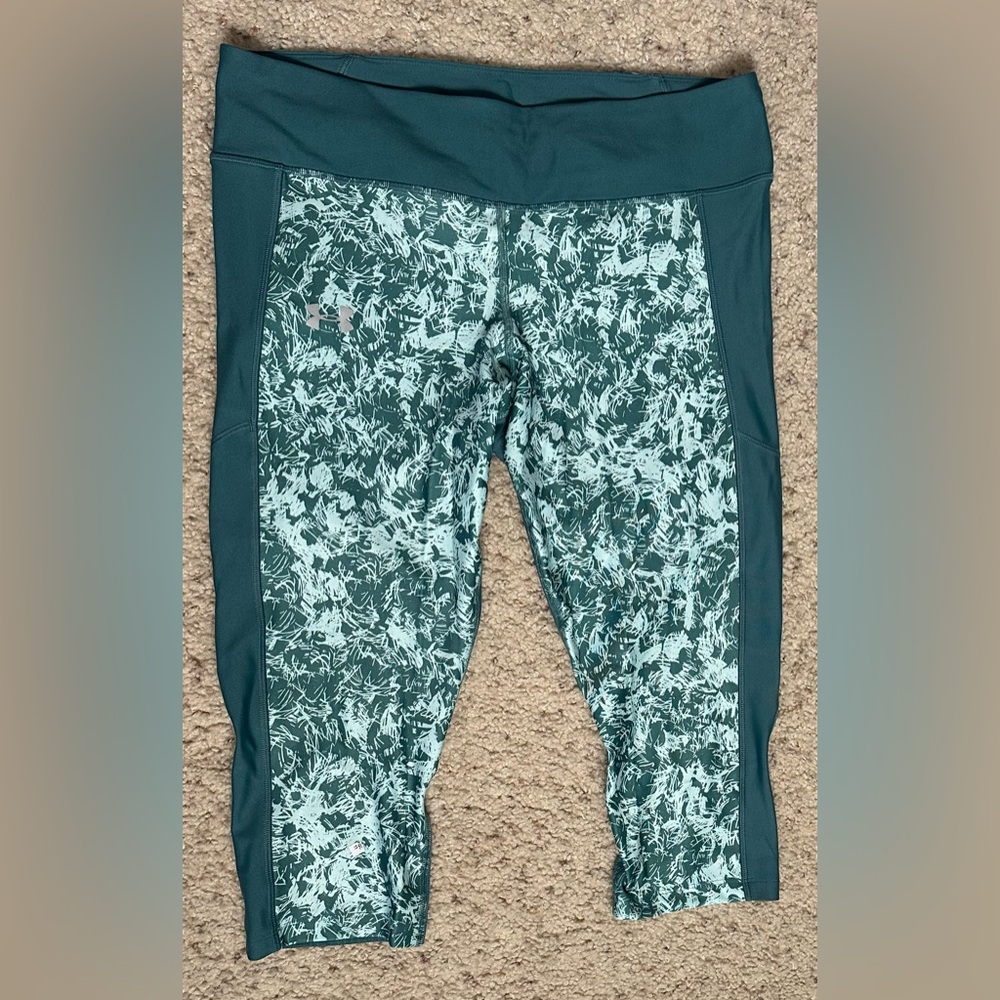 Under Armour HeatGear Compression Crop Leggings XL Green Printed Pocket